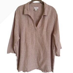 Antibes Blanc Womens 1X Linen Tunic Popover Shirt Beige Shell Buttons Lagenlook